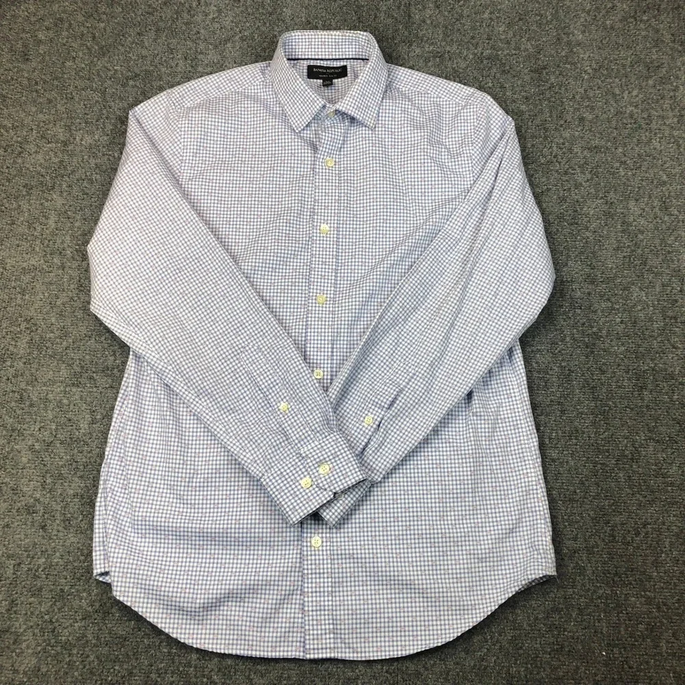 Banana Republic Mens Size Medium 15-15.5 33-34 Slim Fit Blue Gingham Dress Shirt